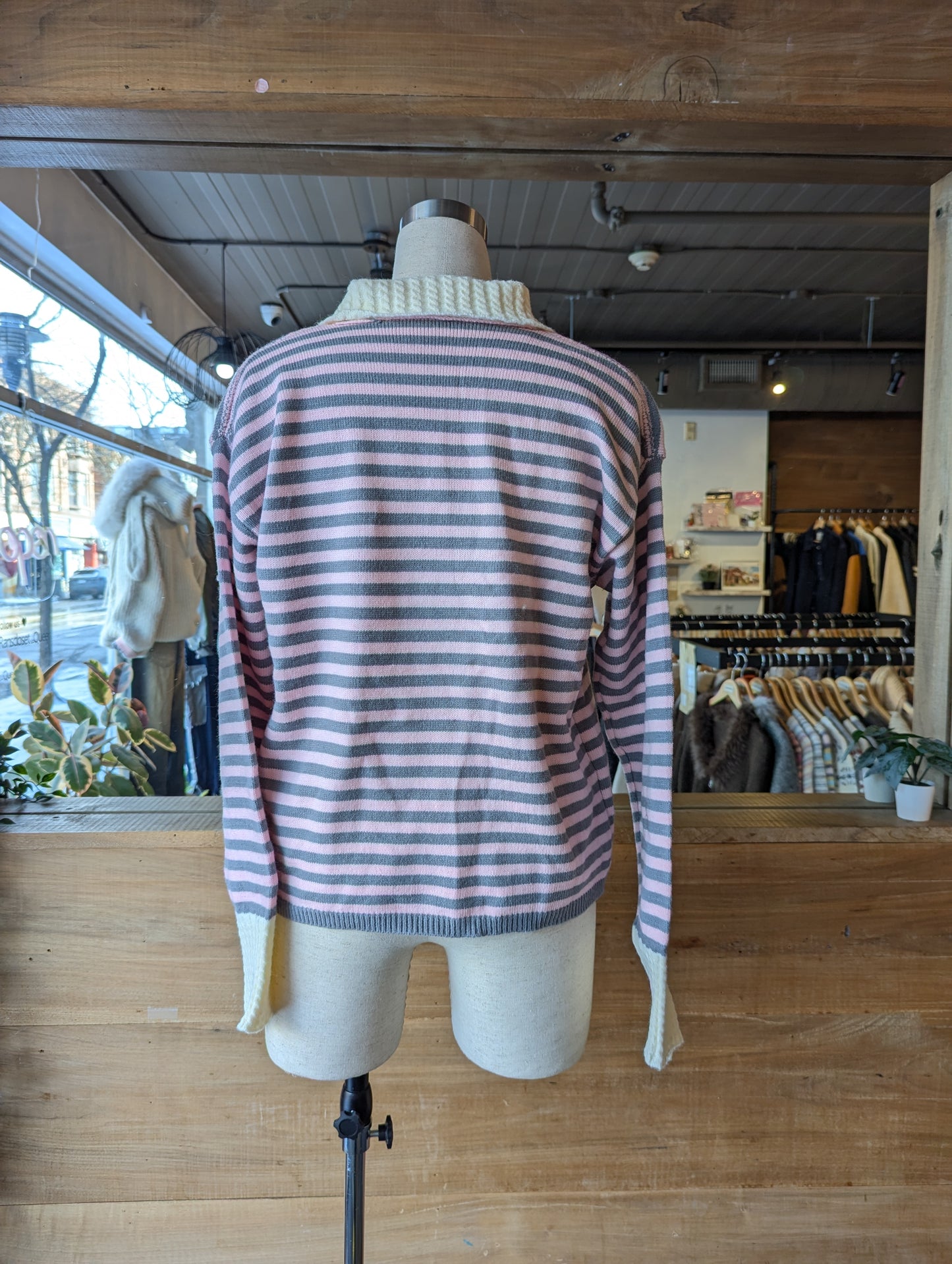 Striped Button Up Cardigan with Cable Knit Detailing