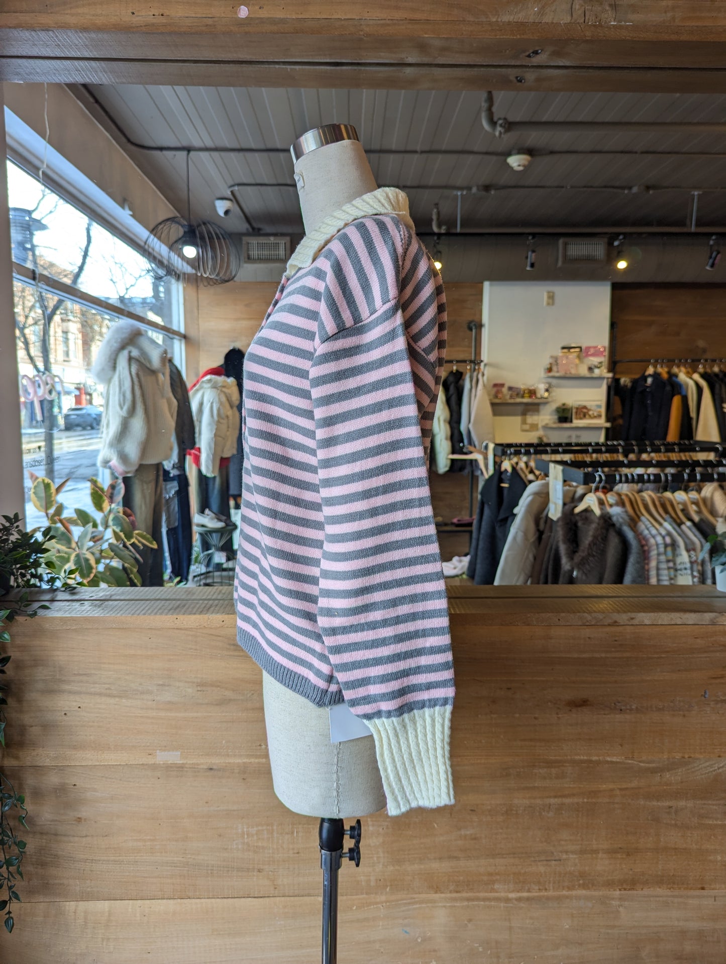 Striped Button Up Cardigan with Cable Knit Detailing