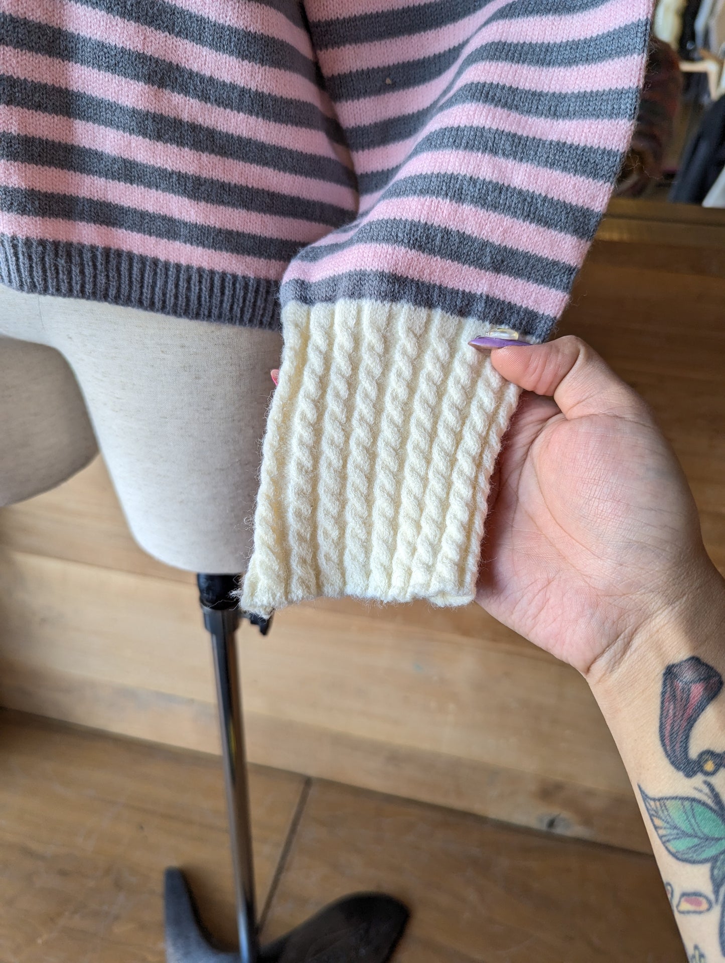 Striped Button Up Cardigan with Cable Knit Detailing