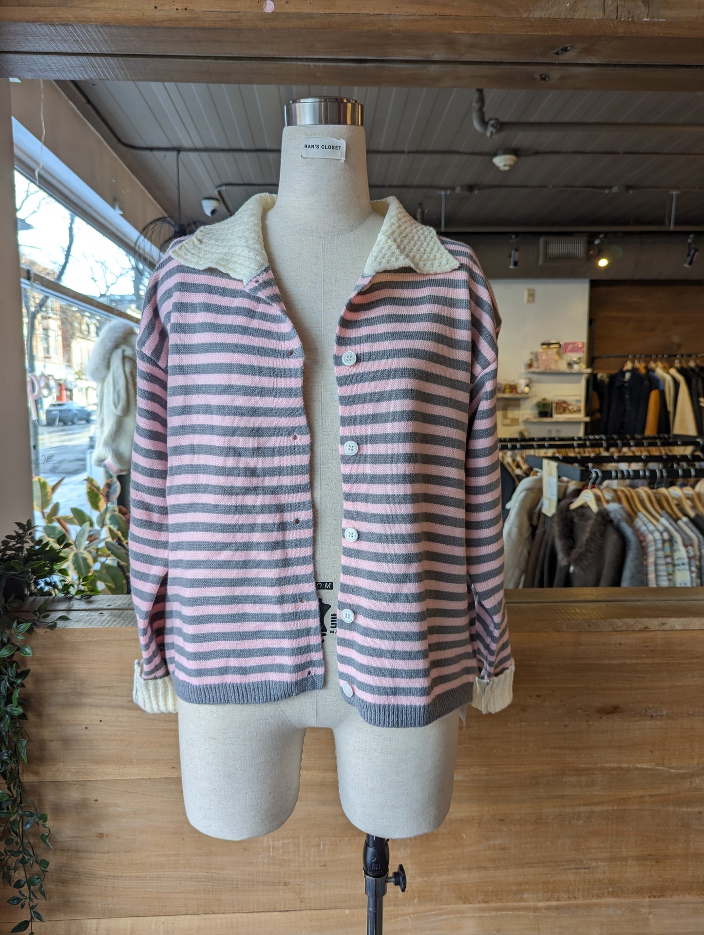 Striped Button Up Cardigan with Cable Knit Detailing