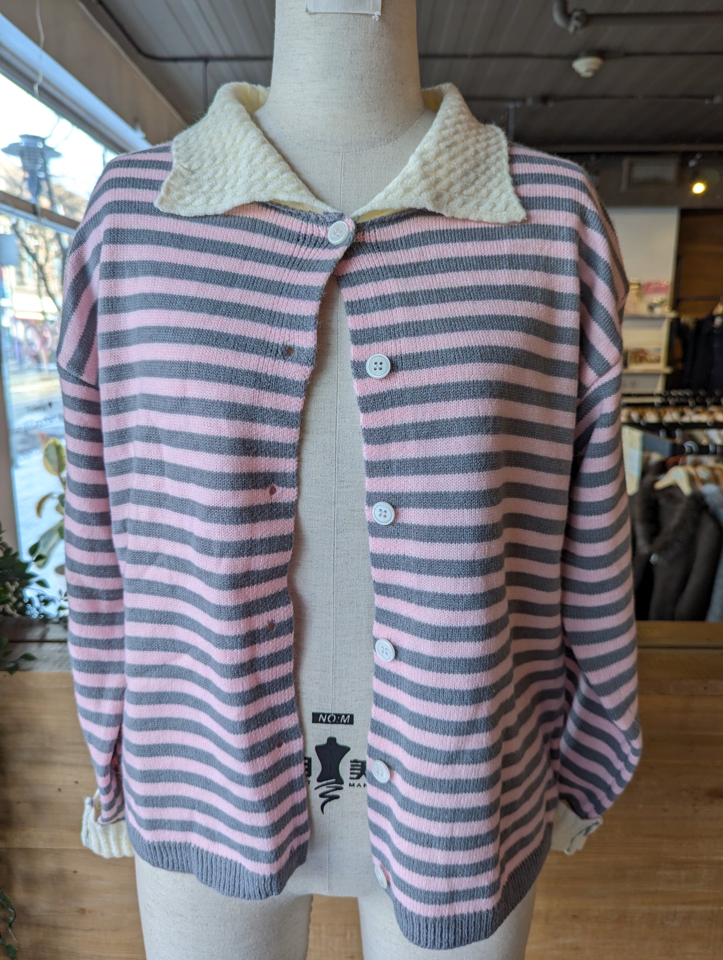 Striped Button Up Cardigan with Cable Knit Detailing