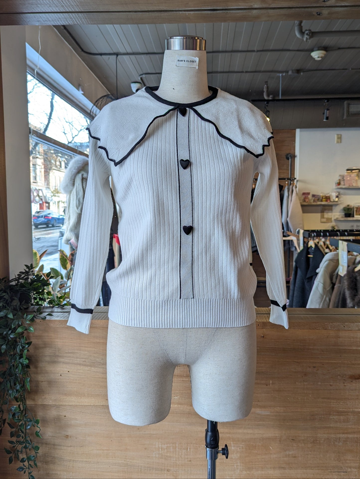 Heart Buttoned Cardigan with Oversized Collar