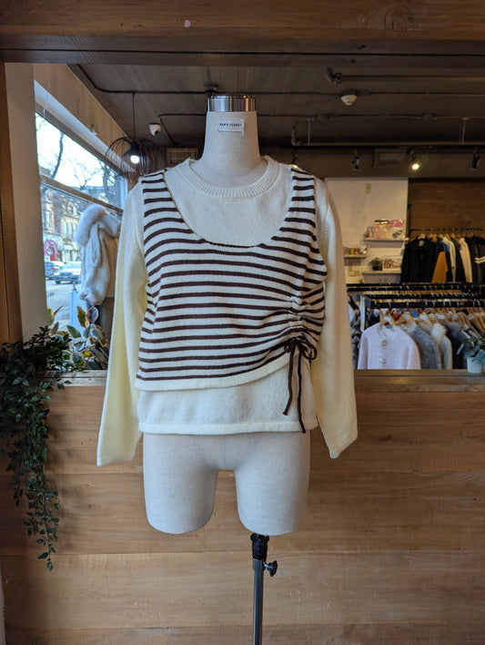 White Sweater with Rouched Striped overlay