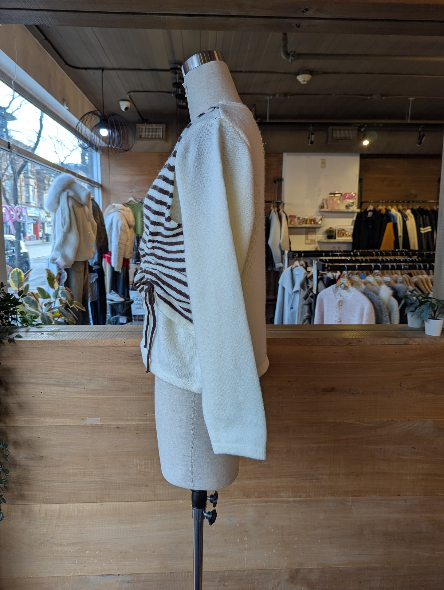 White Sweater with Rouched Striped overlay
