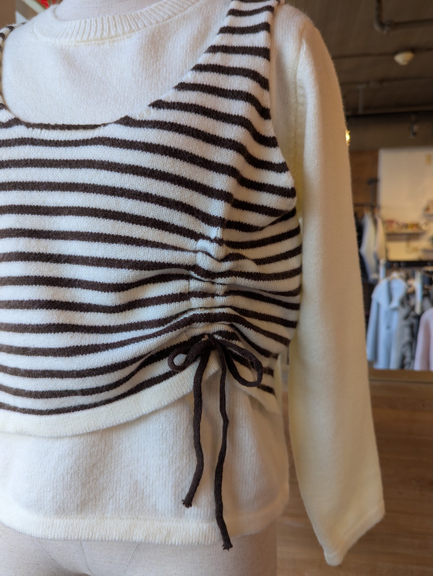 White Sweater with Rouched Striped overlay