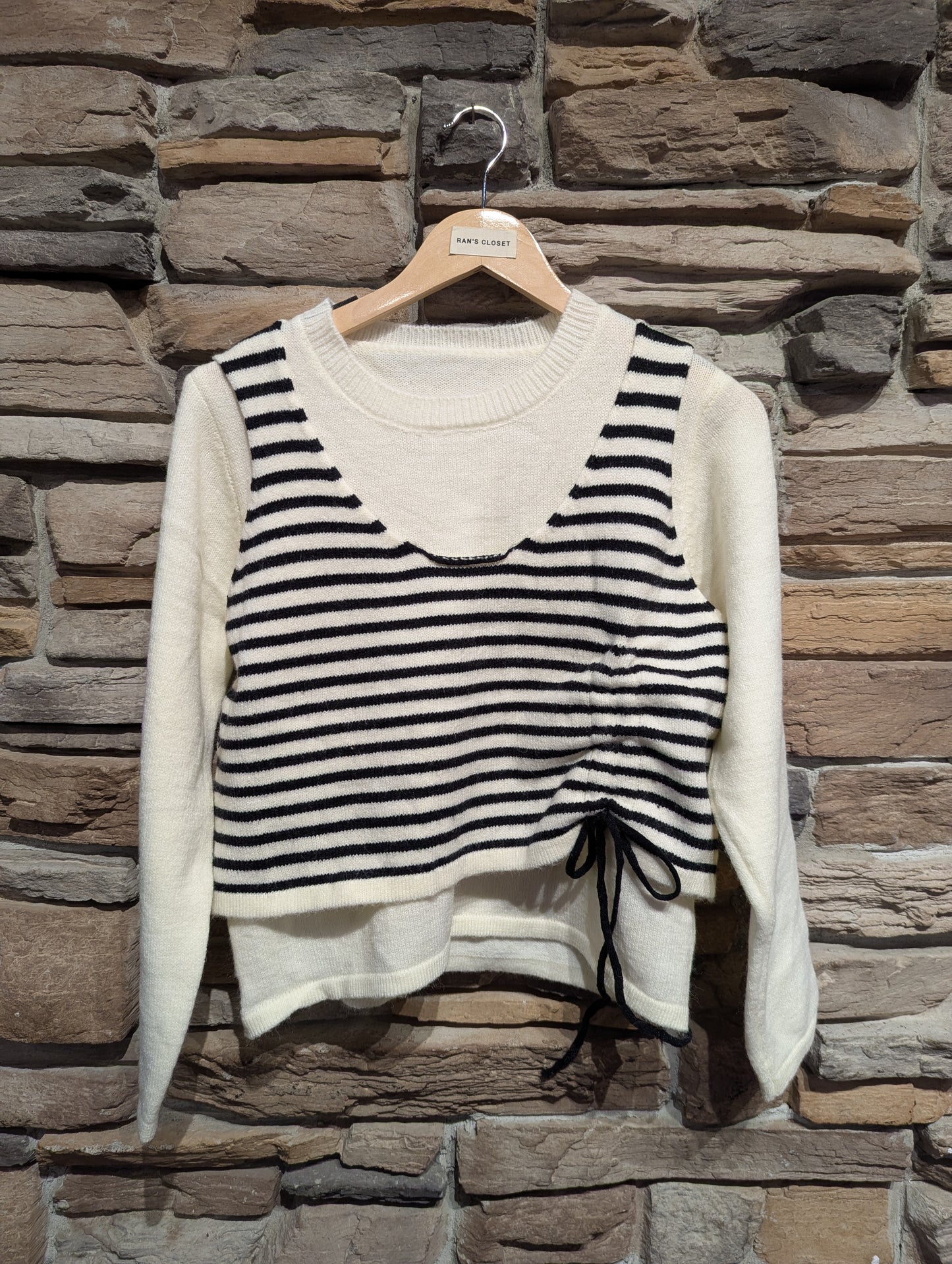 White Sweater with Rouched Striped overlay