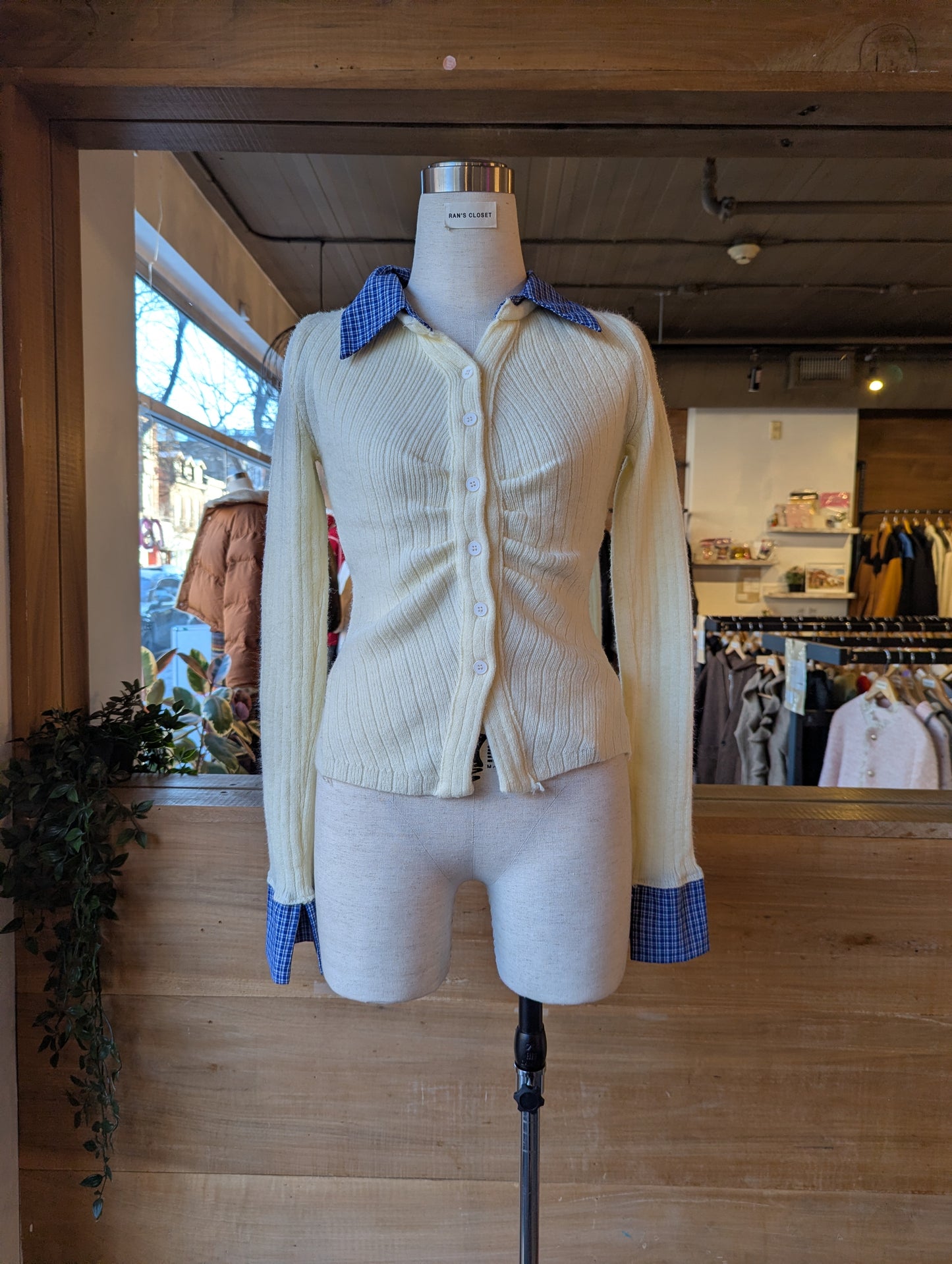 Rouched Cardigan with Plaid Collar and Cuffs