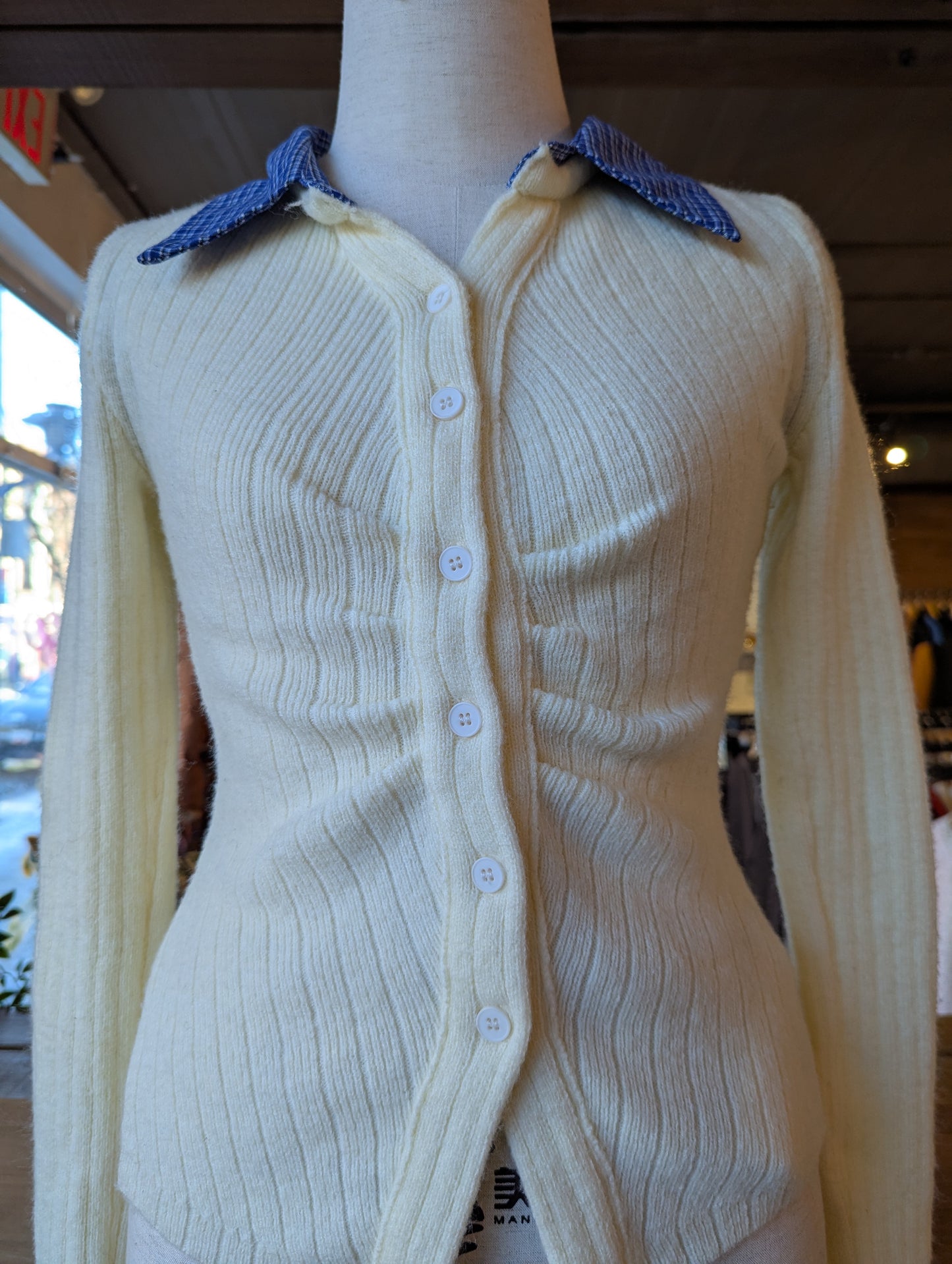 Rouched Cardigan with Plaid Collar and Cuffs