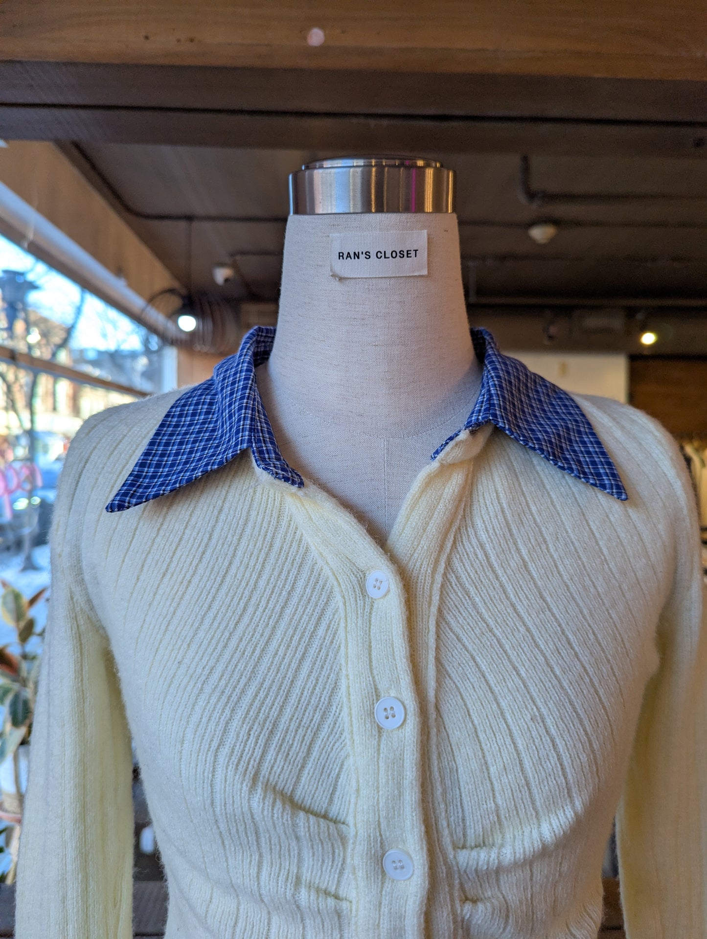 Rouched Cardigan with Plaid Collar and Cuffs