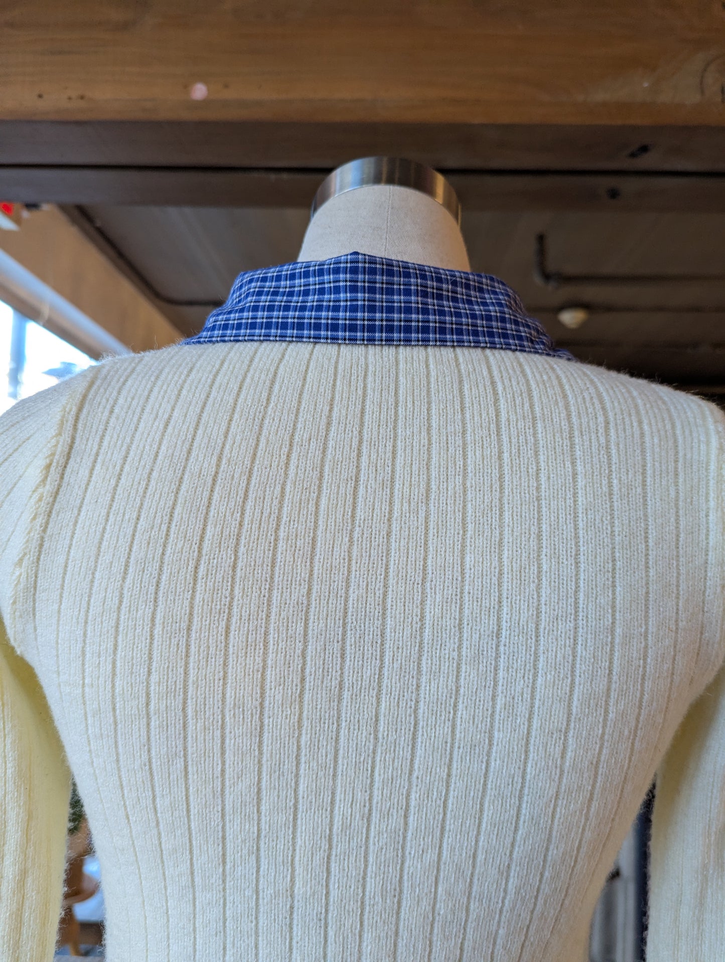 Rouched Cardigan with Plaid Collar and Cuffs