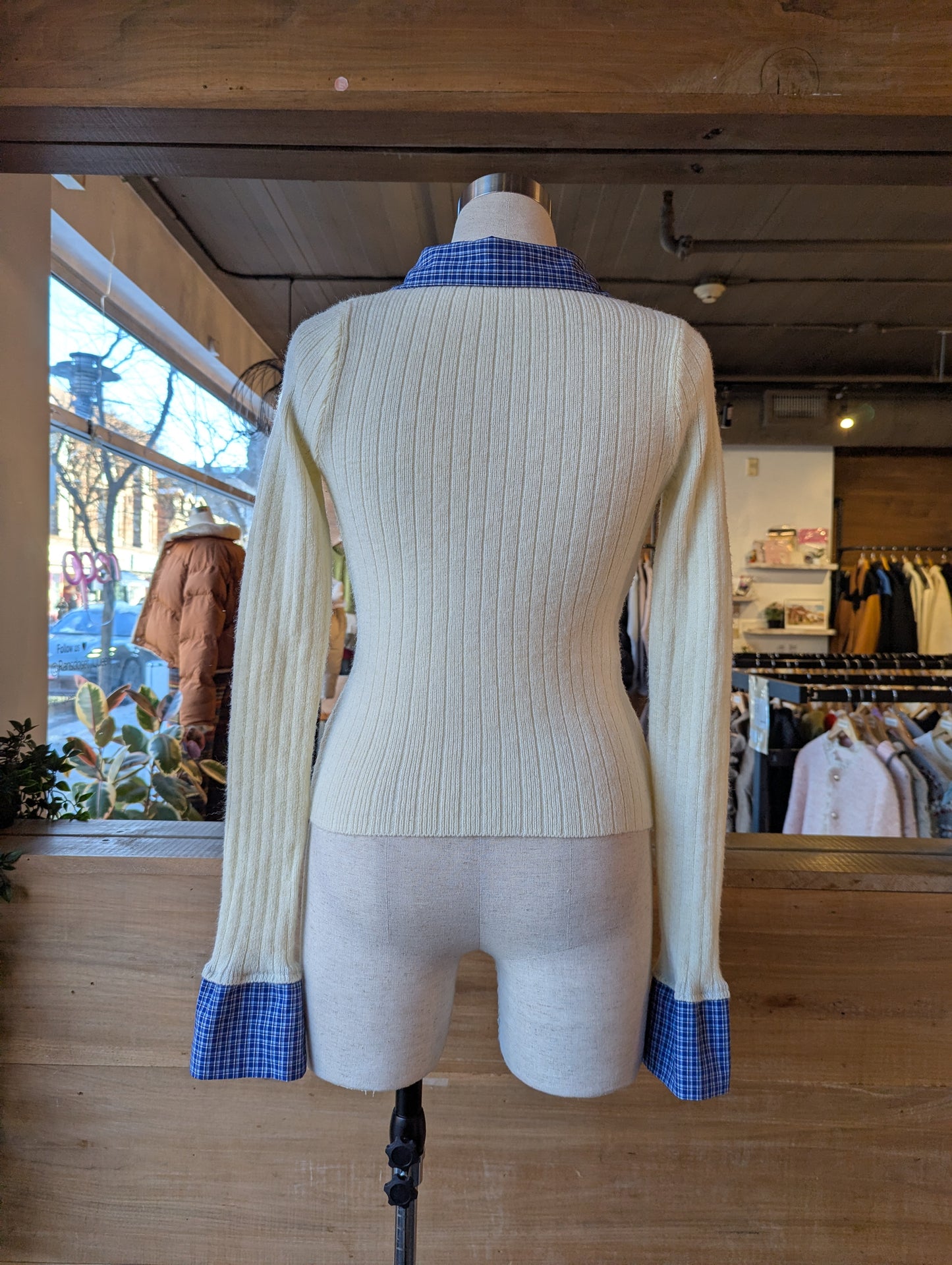 Rouched Cardigan with Plaid Collar and Cuffs