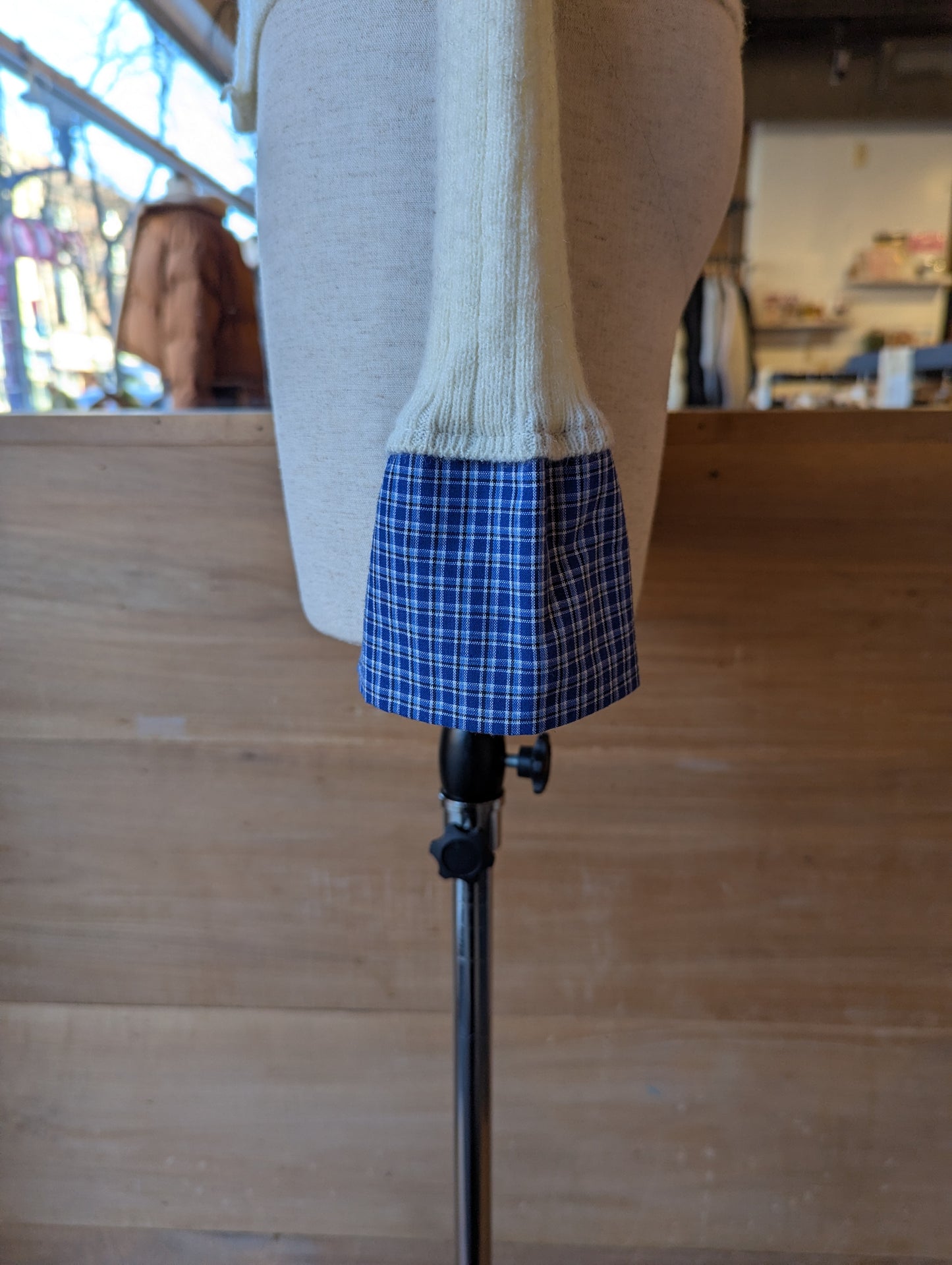 Rouched Cardigan with Plaid Collar and Cuffs