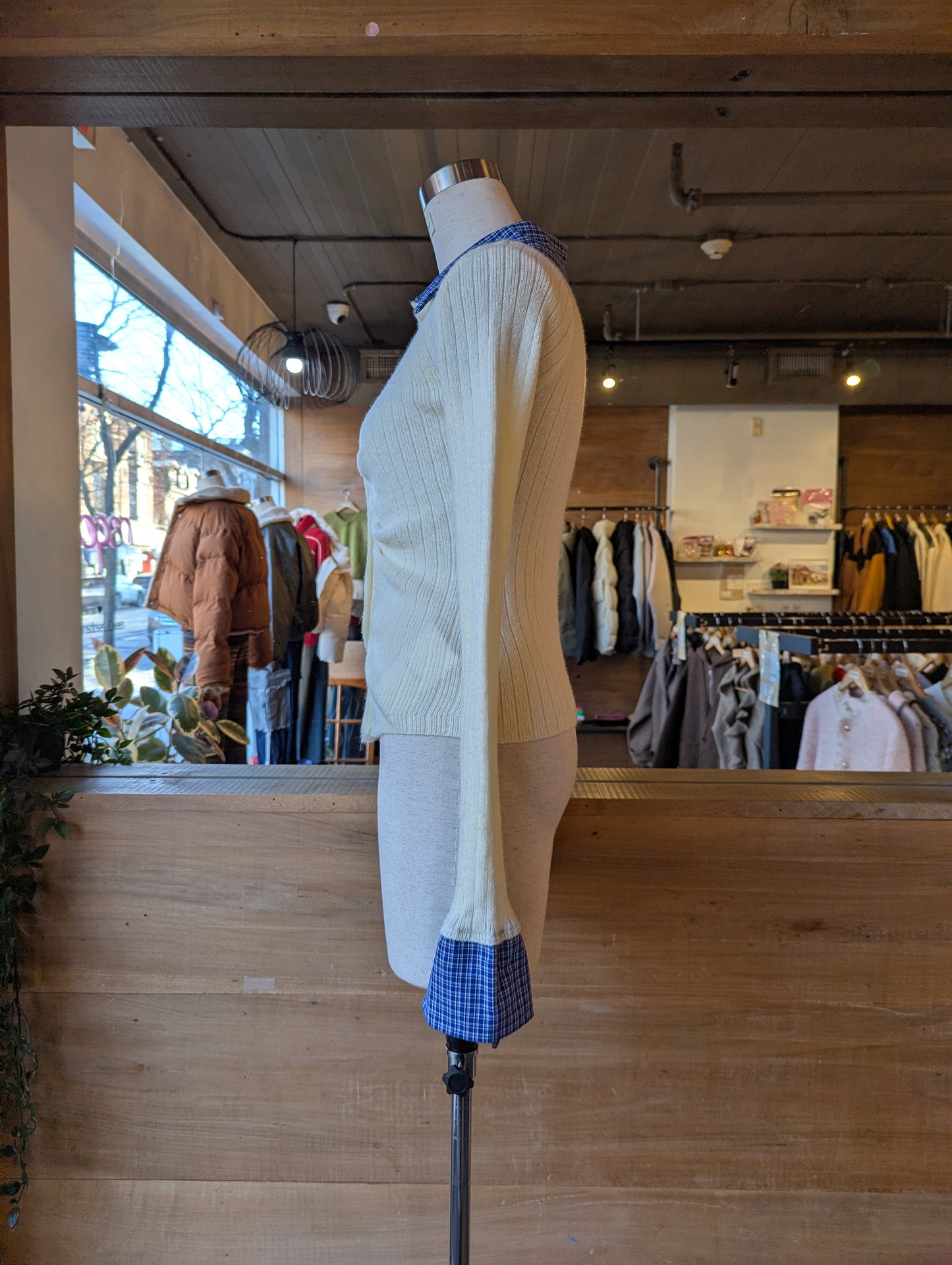 Rouched Cardigan with Plaid Collar and Cuffs