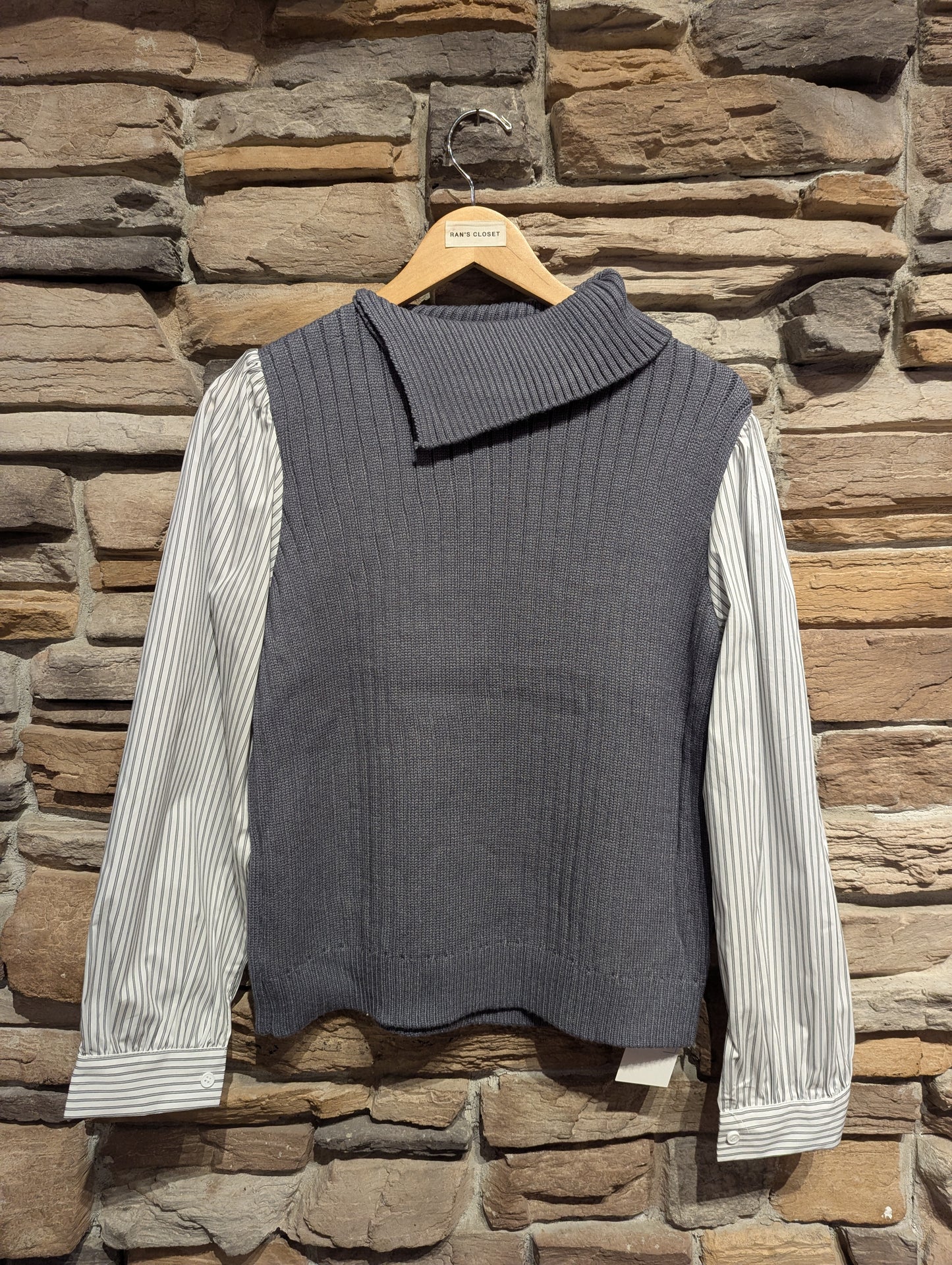 Fold Over Collar Knit with Pinstripe Sleeves