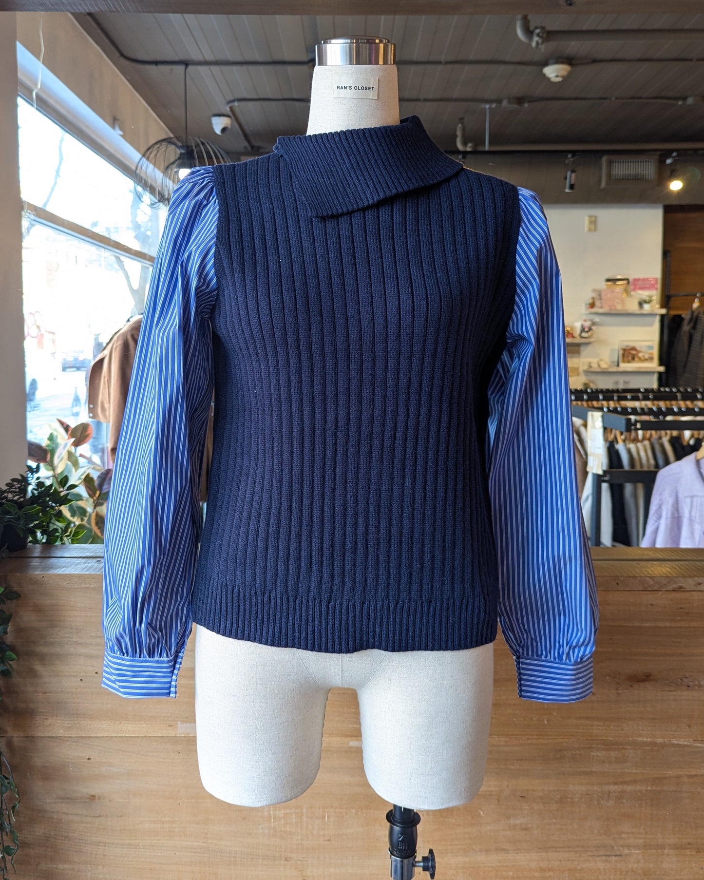 Fold Over Collar Knit with Pinstripe Sleeves