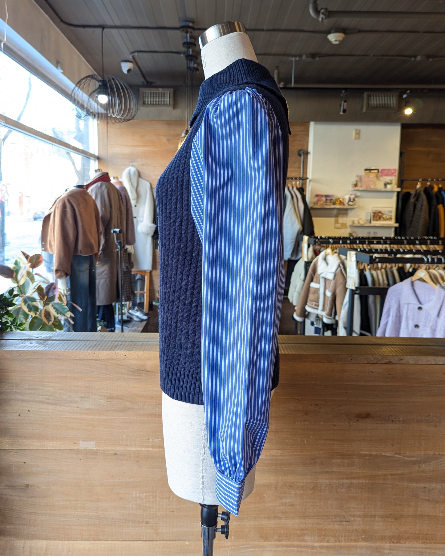 Fold Over Collar Knit with Pinstripe Sleeves