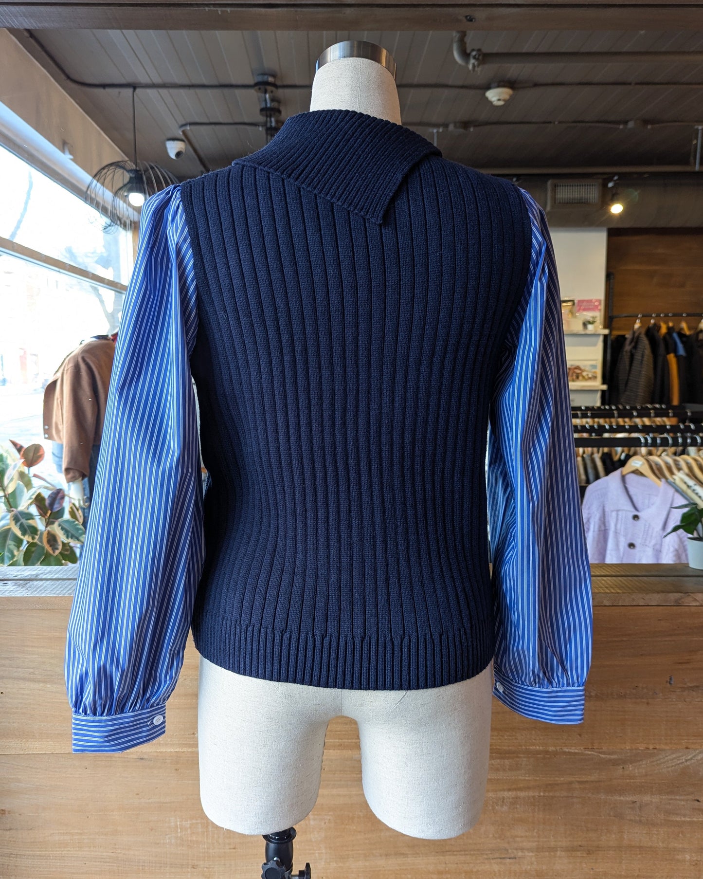 Fold Over Collar Knit with Pinstripe Sleeves