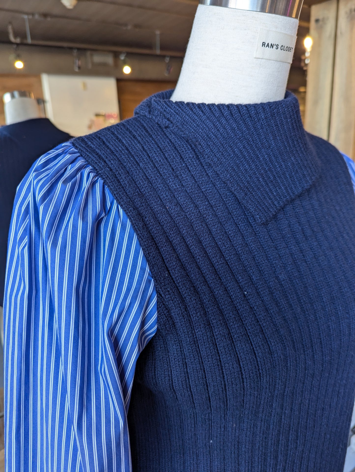 Fold Over Collar Knit with Pinstripe Sleeves