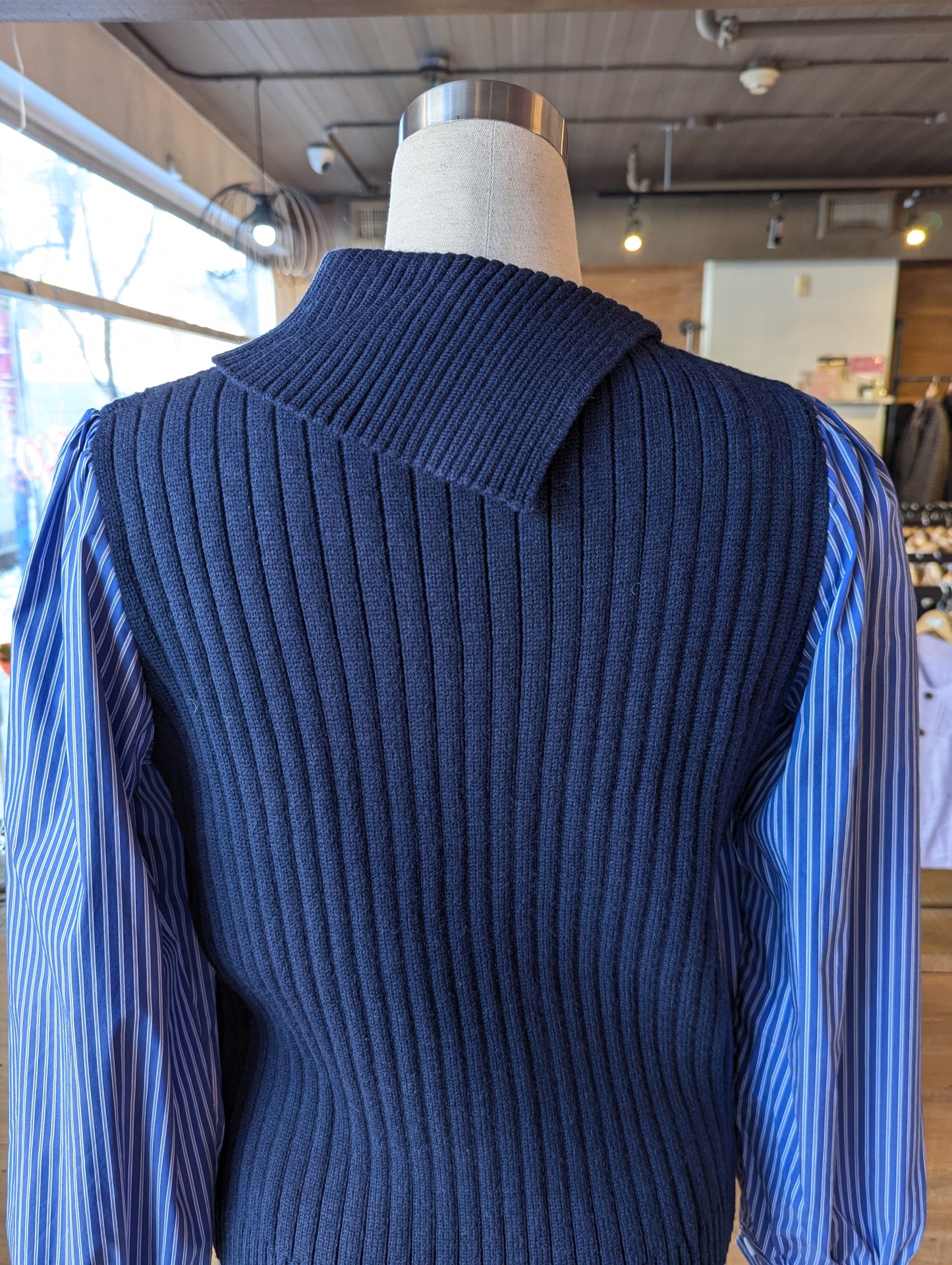 Fold Over Collar Knit with Pinstripe Sleeves