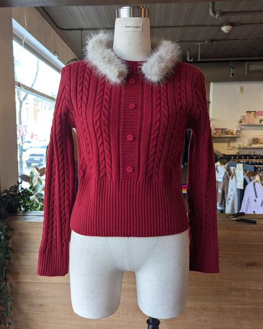Fur trim Cable knit sweater