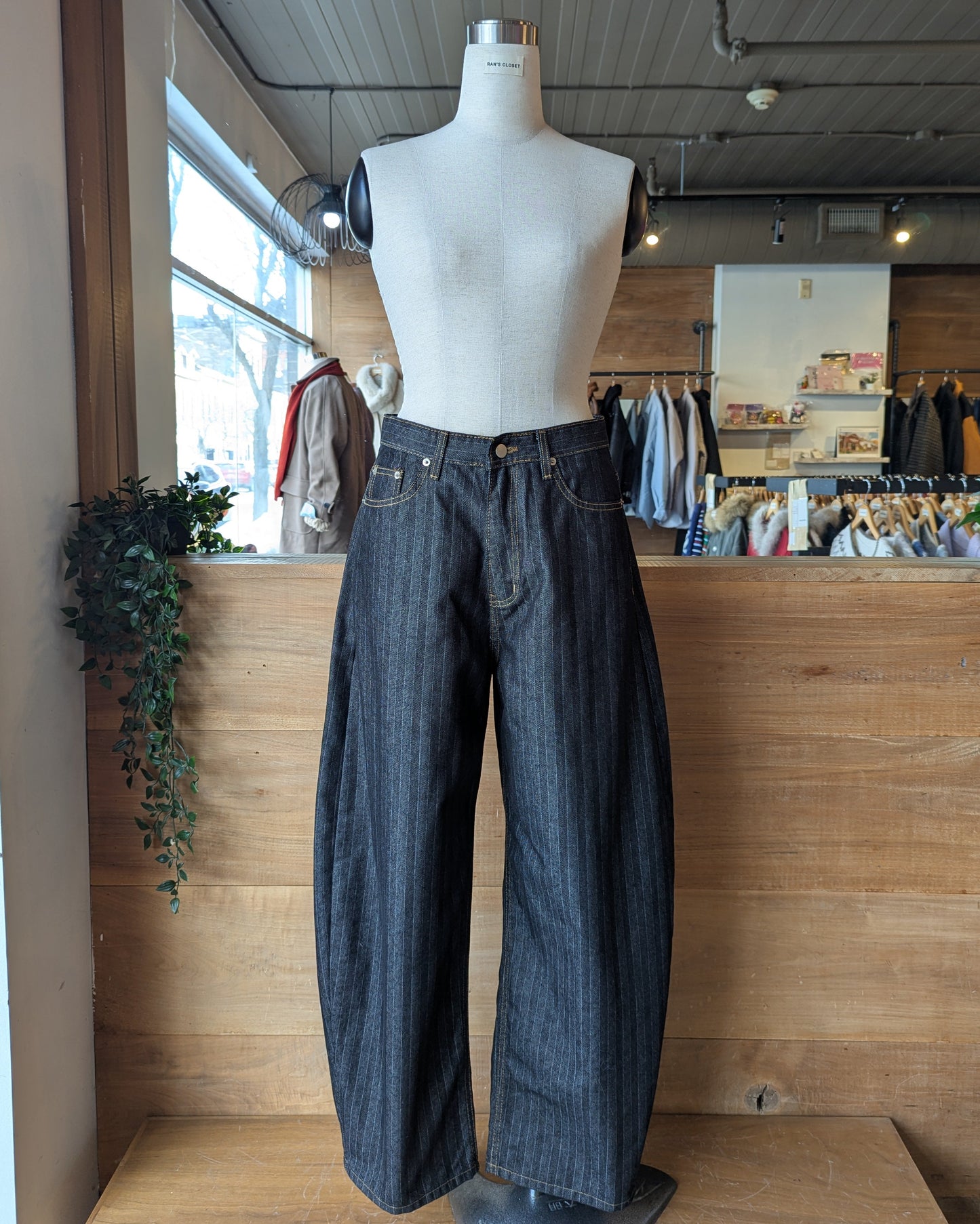 Pinstripe Barrel Pants with Orange Contrast Stitching