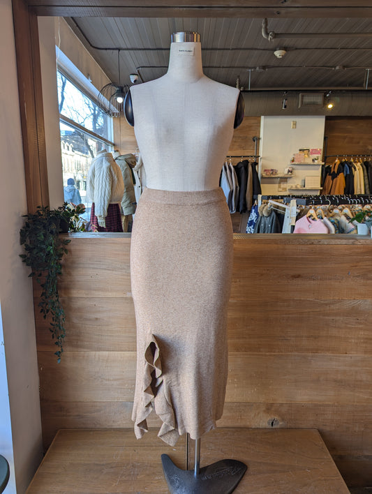 Front Ruffle Slit Knit Maxi Skirt