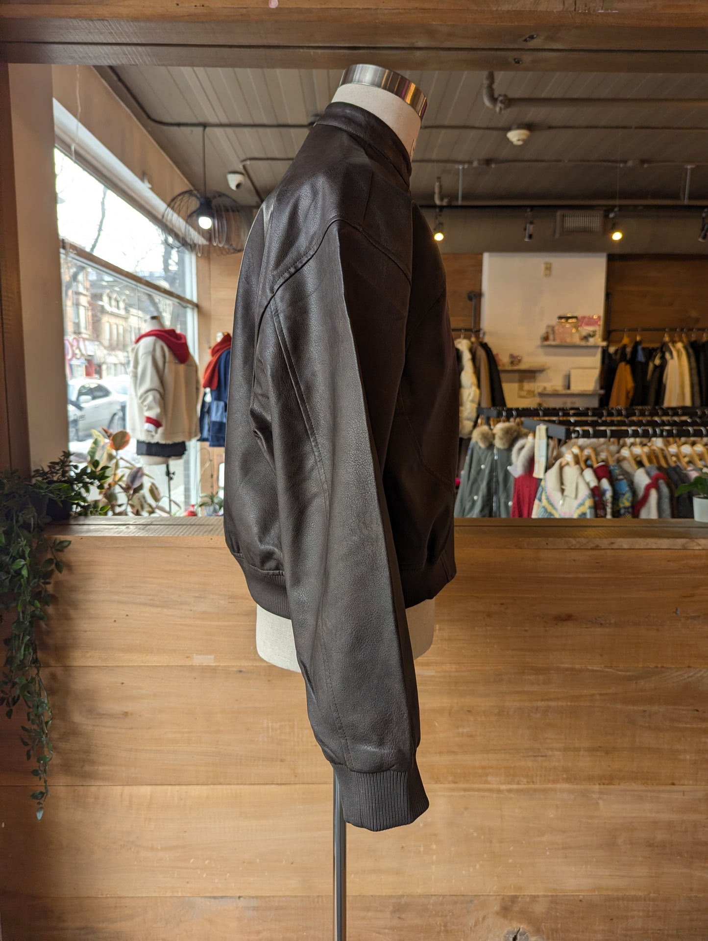 Vegan leather bomber jacket with double snap Collar
