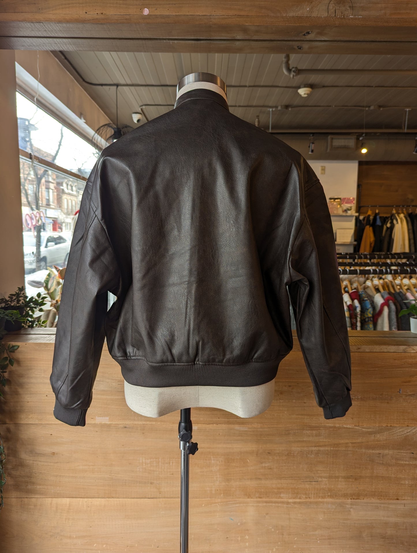 Vegan leather bomber jacket with double snap Collar