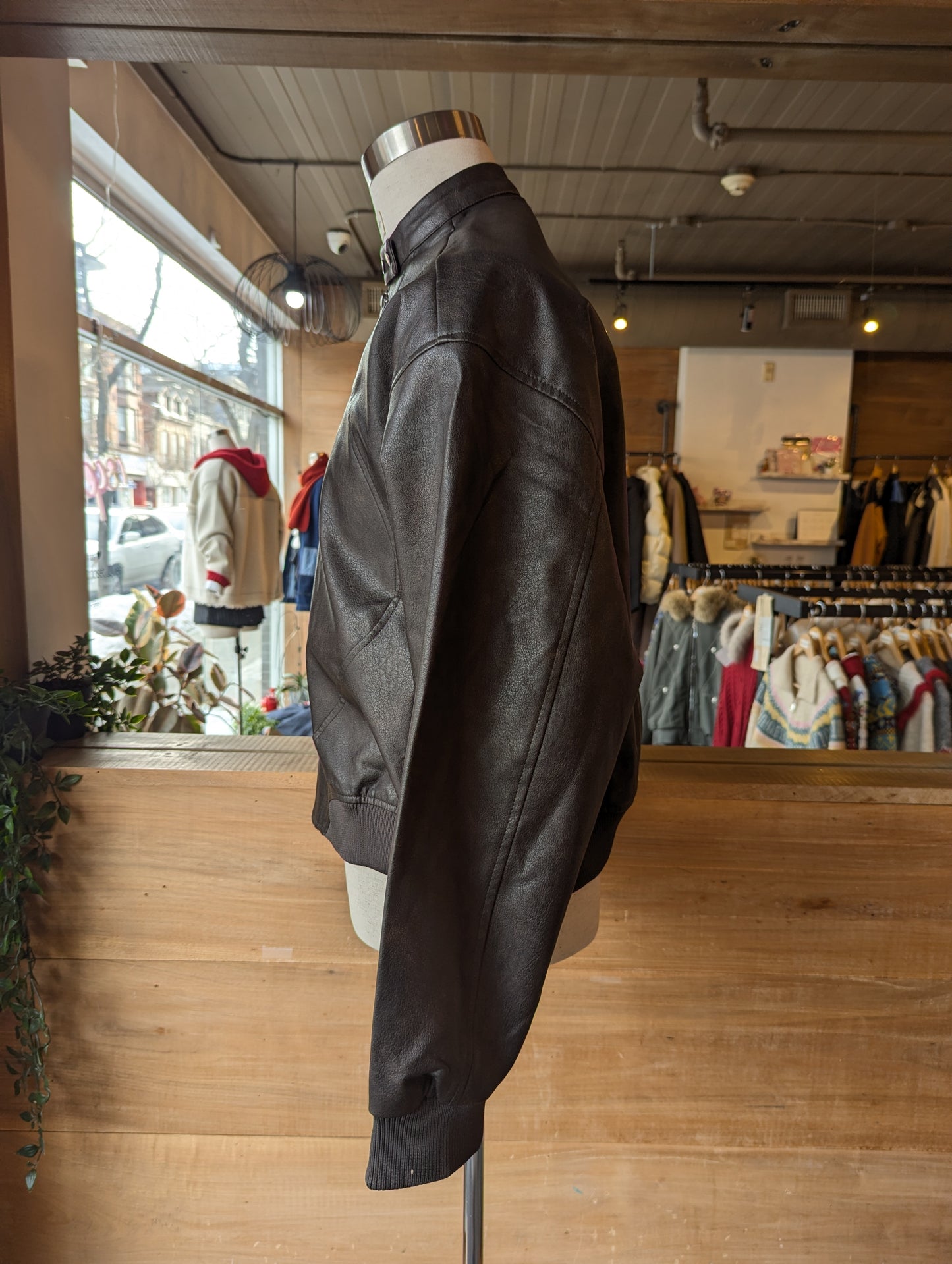 Vegan leather bomber jacket with double snap Collar