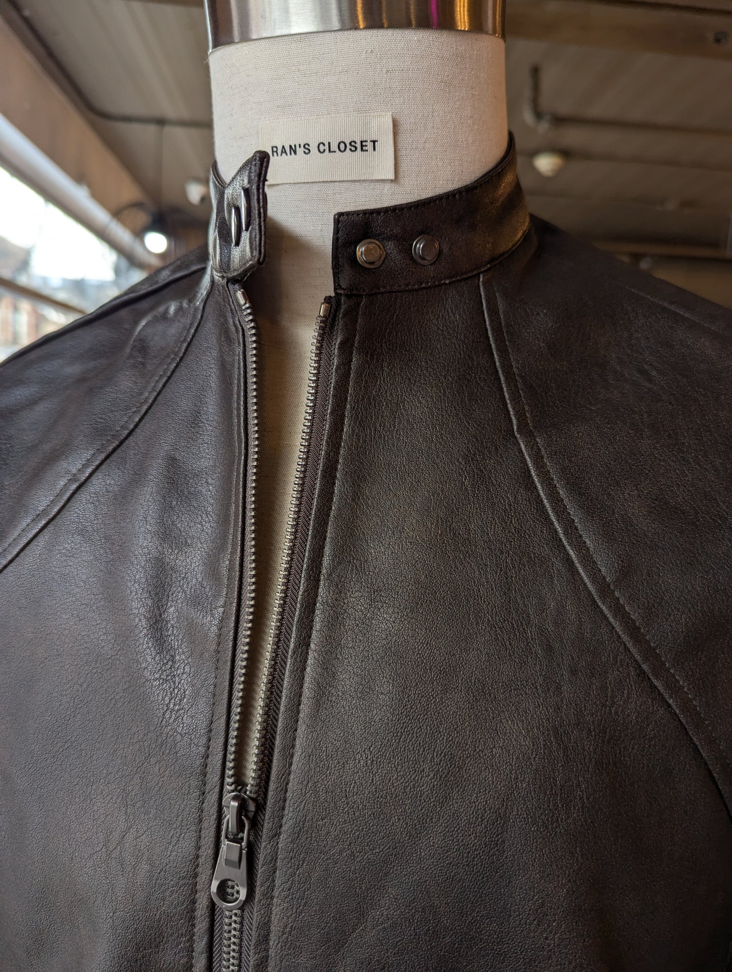 Vegan leather bomber jacket with double snap Collar