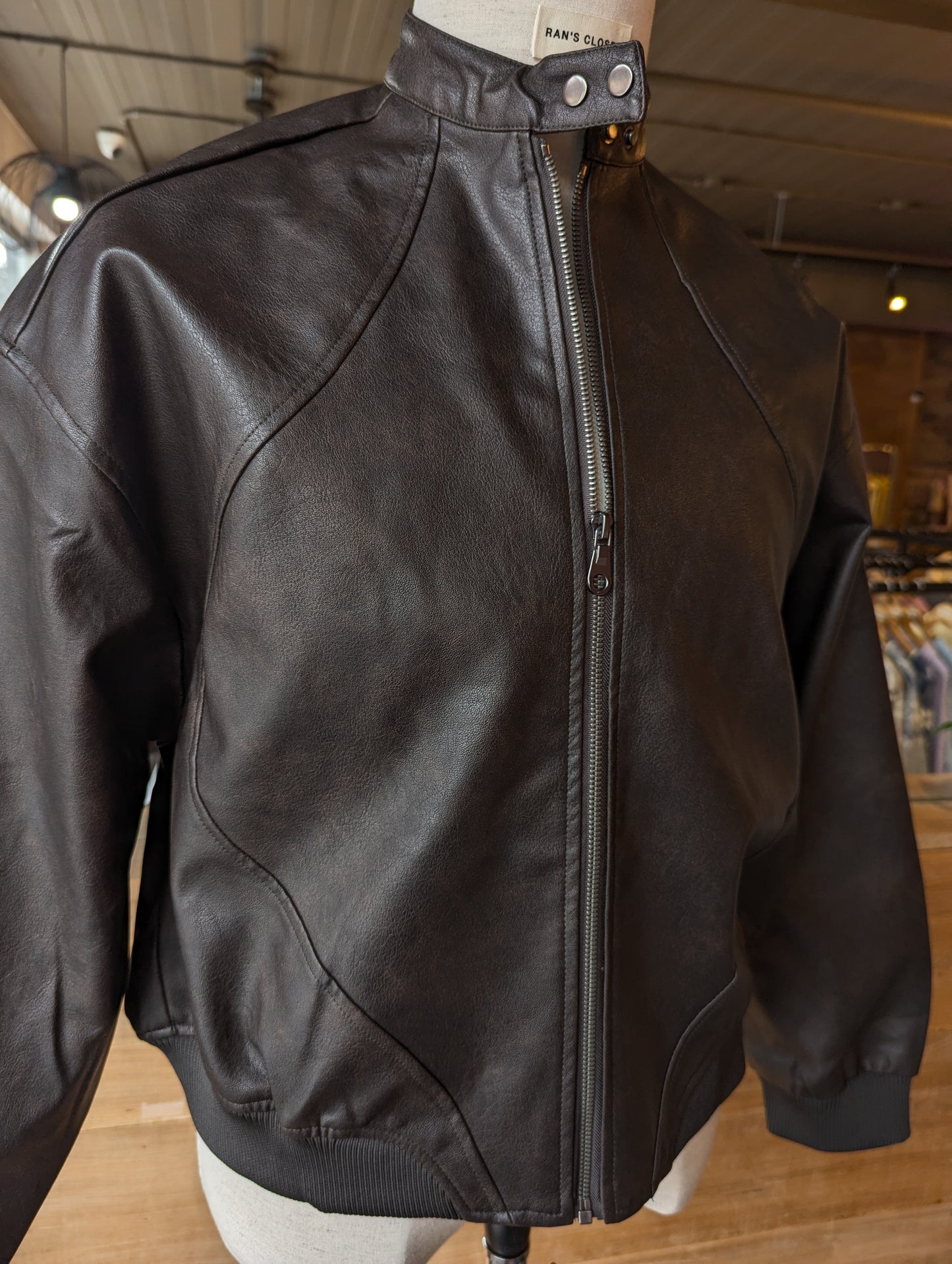 Vegan leather bomber jacket with double snap Collar