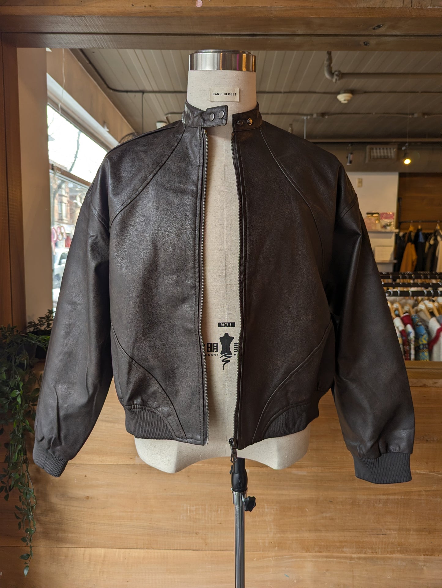 Vegan leather bomber jacket with double snap Collar