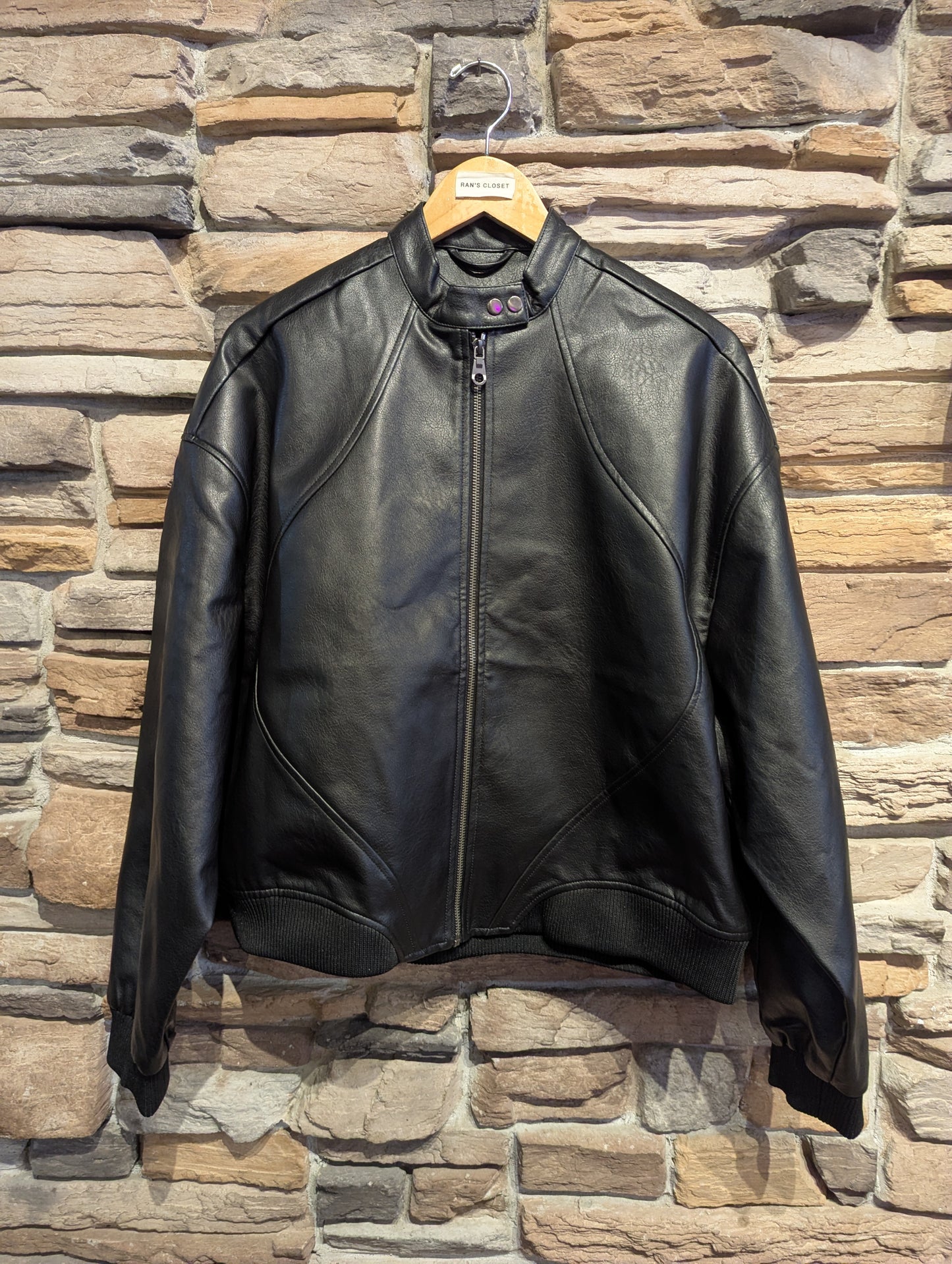 Vegan leather bomber jacket with double snap Collar