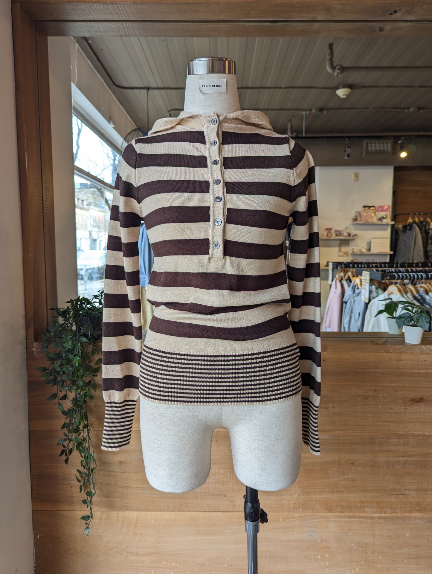 Hooded Contrast Stripe Henley Sweater
