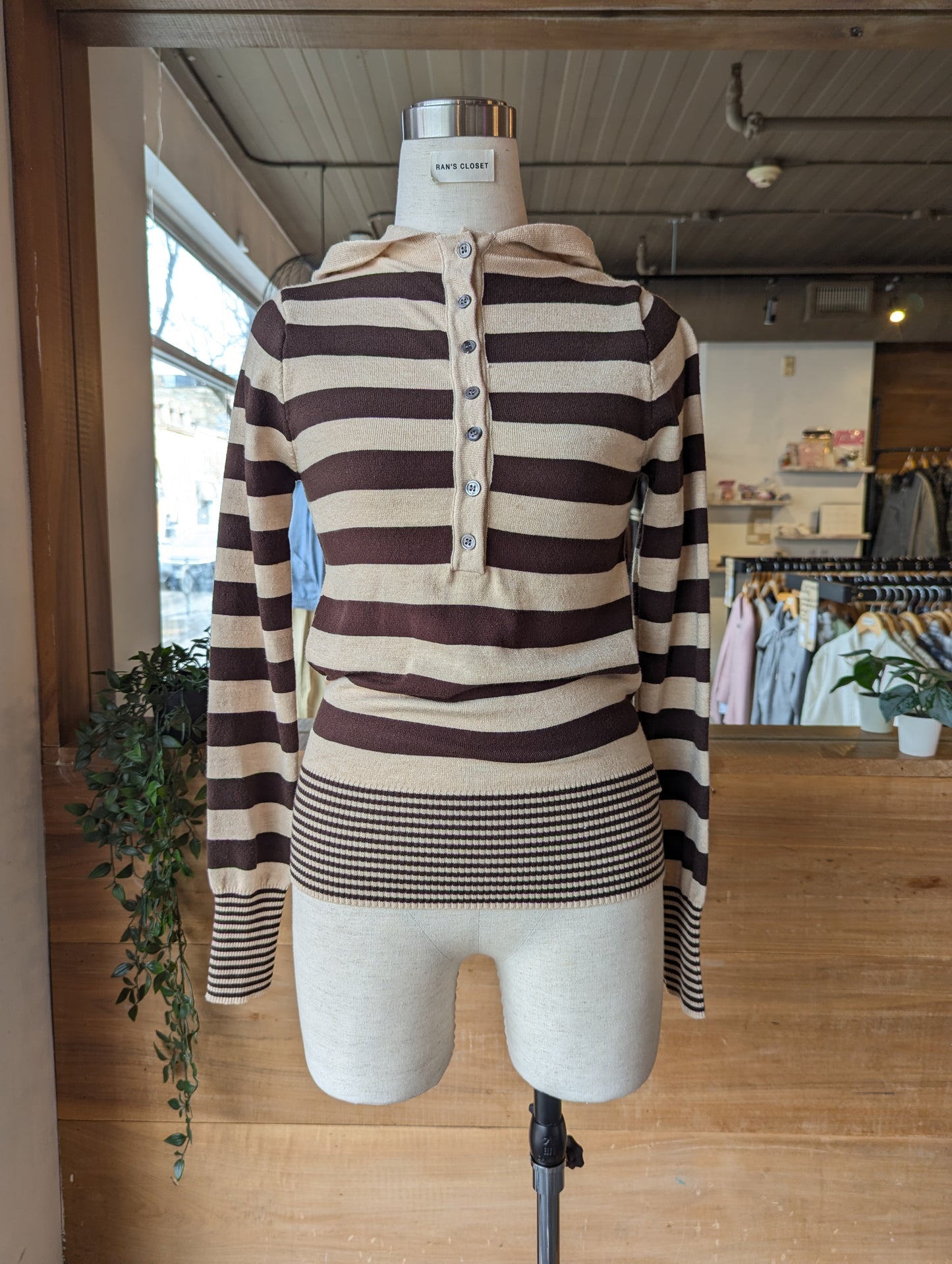 Hooded Contrast Stripe Henley Sweater