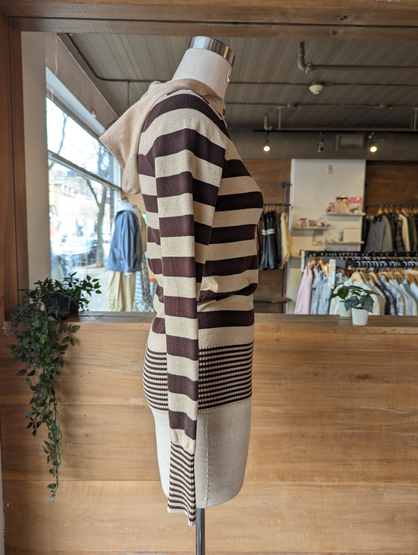 Hooded Contrast Stripe Henley Sweater