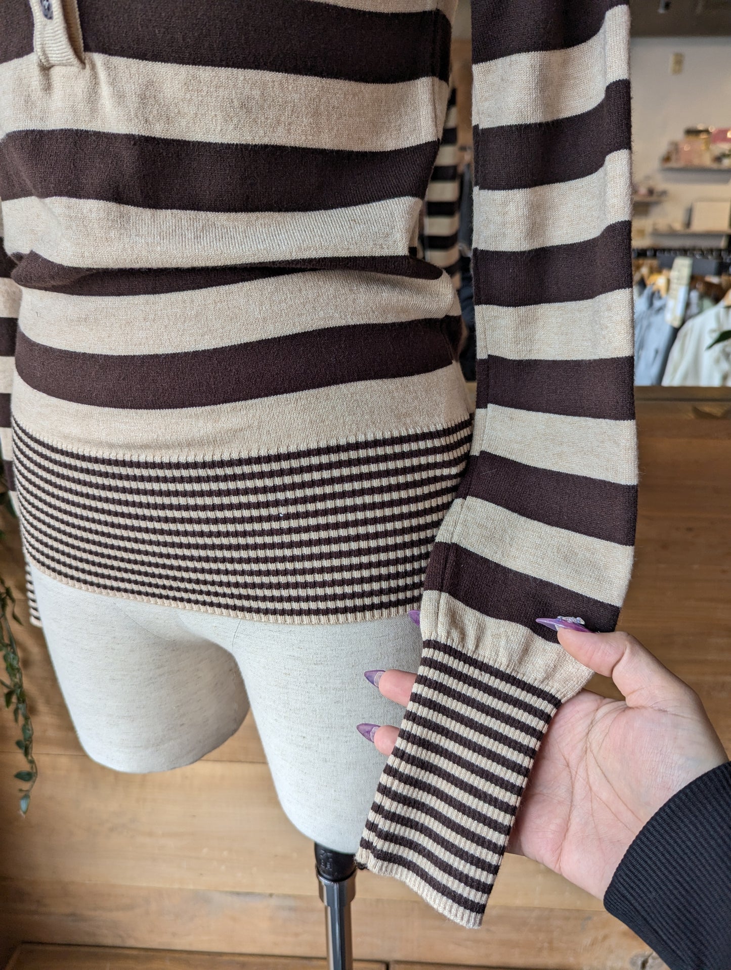 Hooded Contrast Stripe Henley Sweater