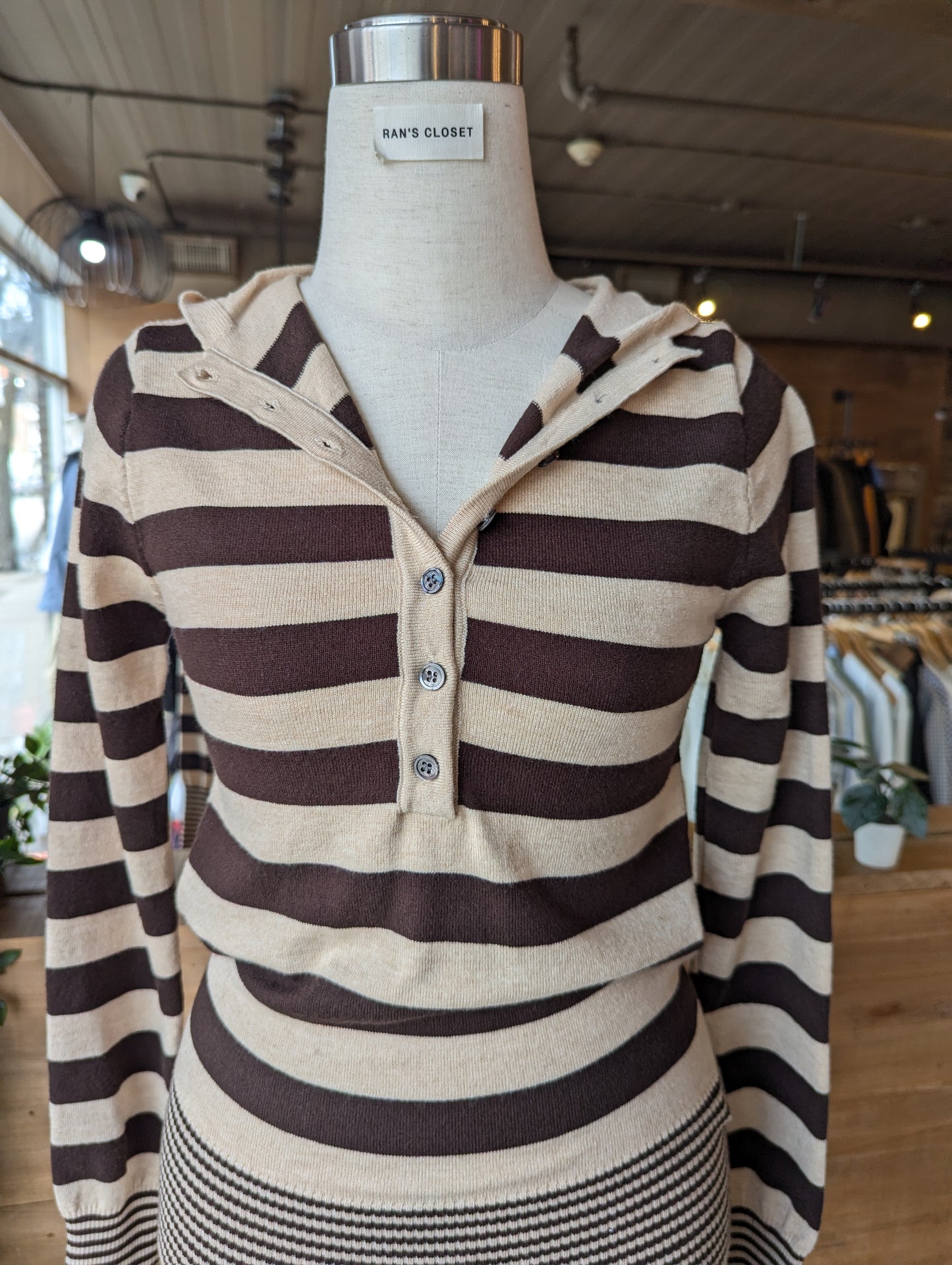 Hooded Contrast Stripe Henley Sweater