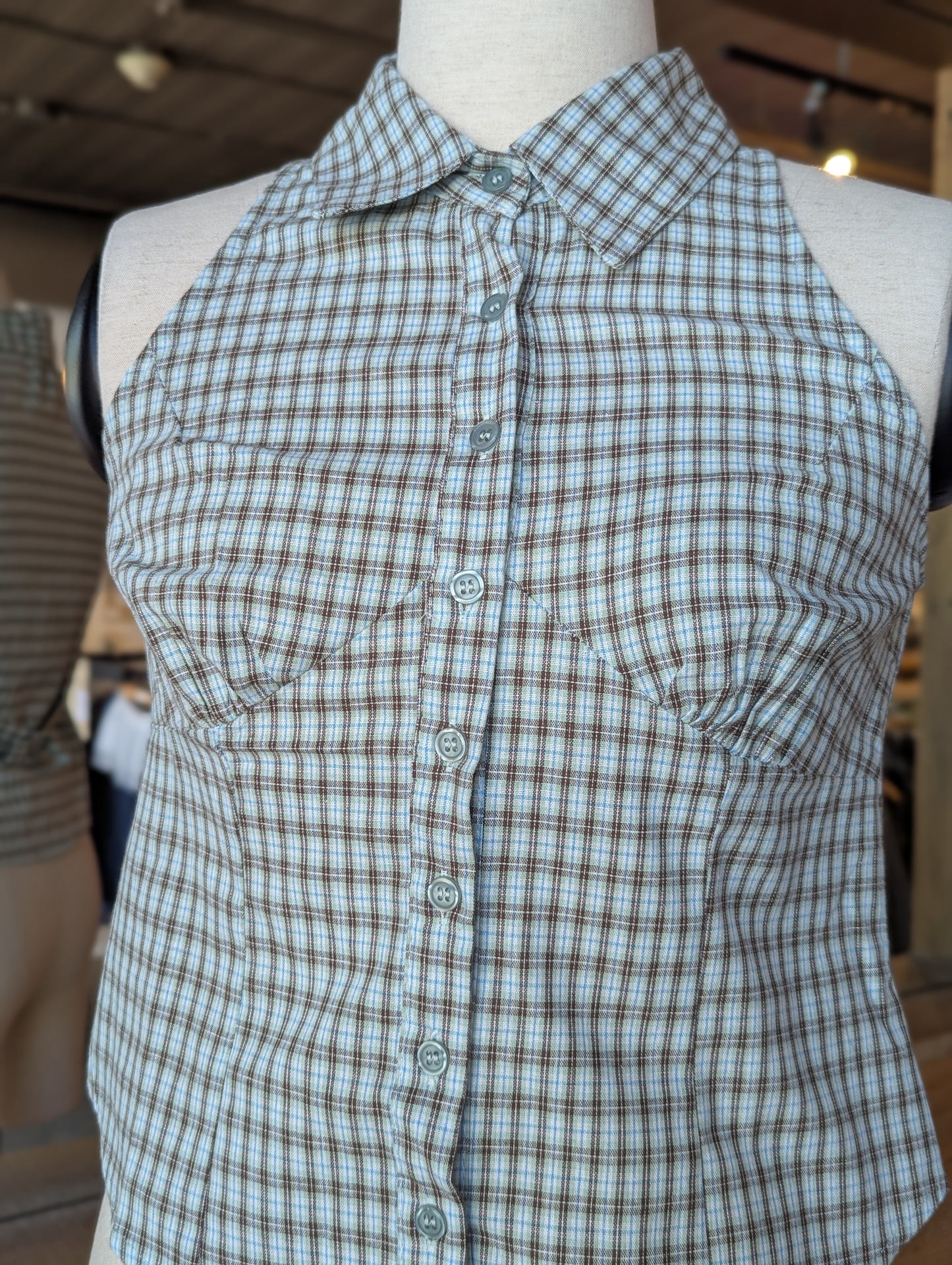 Riverside Check Halter Button-Up Top