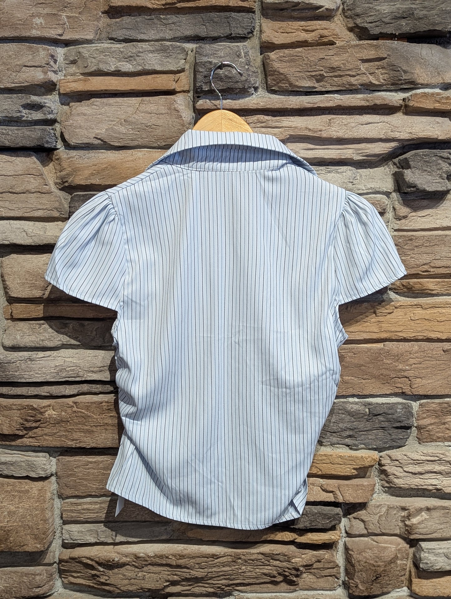 Short Sleeve Stripe Ruched Button Down