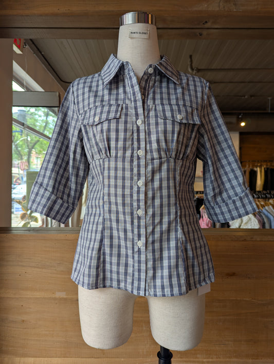 Bluebell Plaid Blouse 3/4 Length Sleeve Button-Down