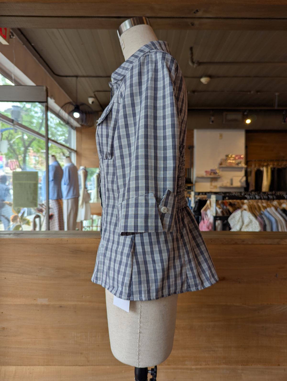 Bluebell Plaid Blouse 3/4 Length Sleeve Button-Down