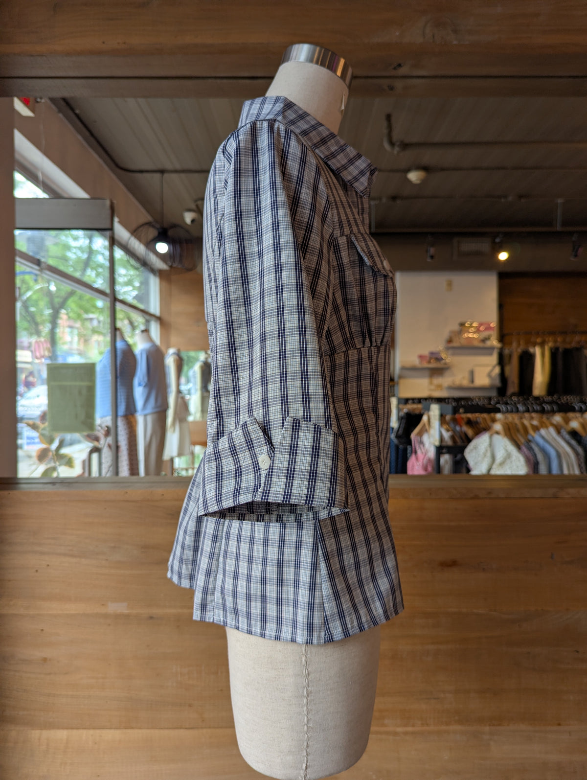 Bluebell Plaid Blouse 3/4 Length Sleeve Button-Down
