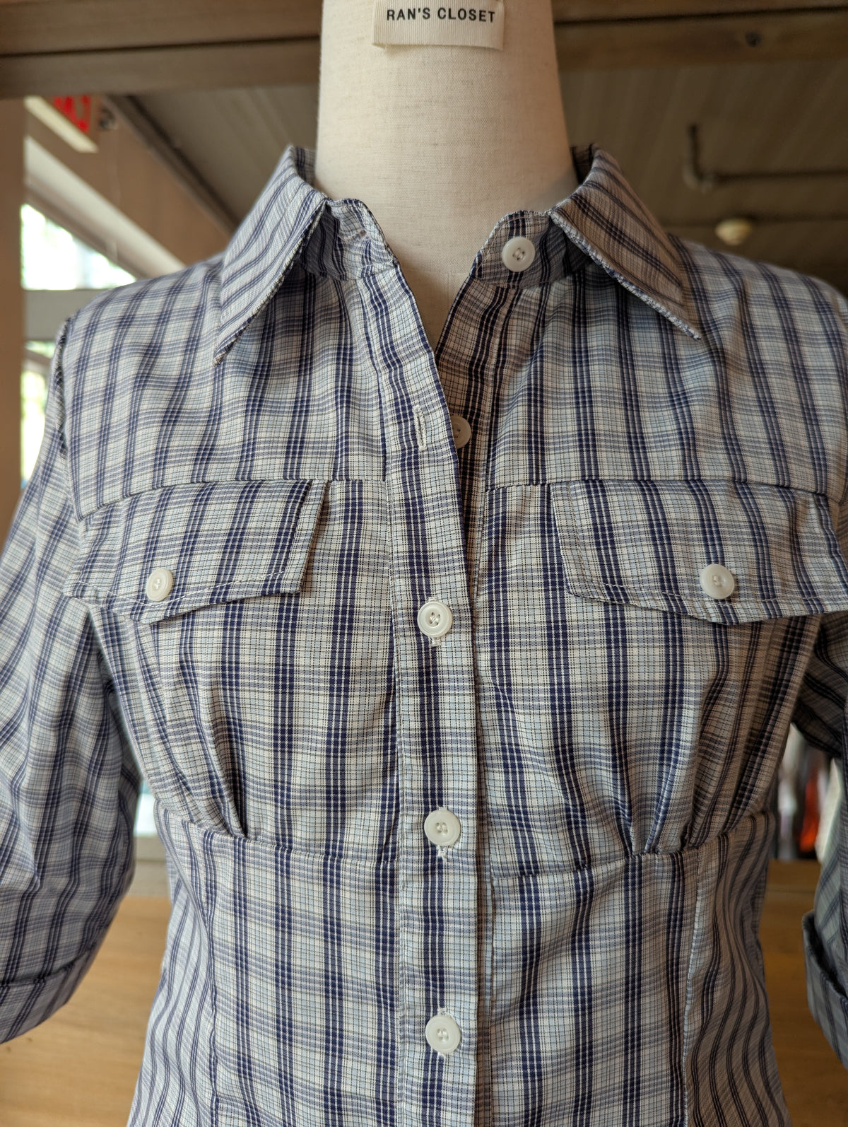 Bluebell Plaid Blouse 3/4 Length Sleeve Button-Down