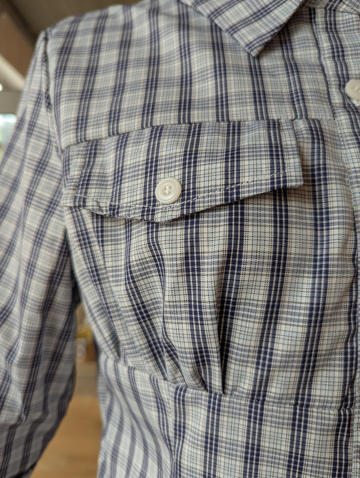 Bluebell Plaid Blouse 3/4 Length Sleeve Button-Down