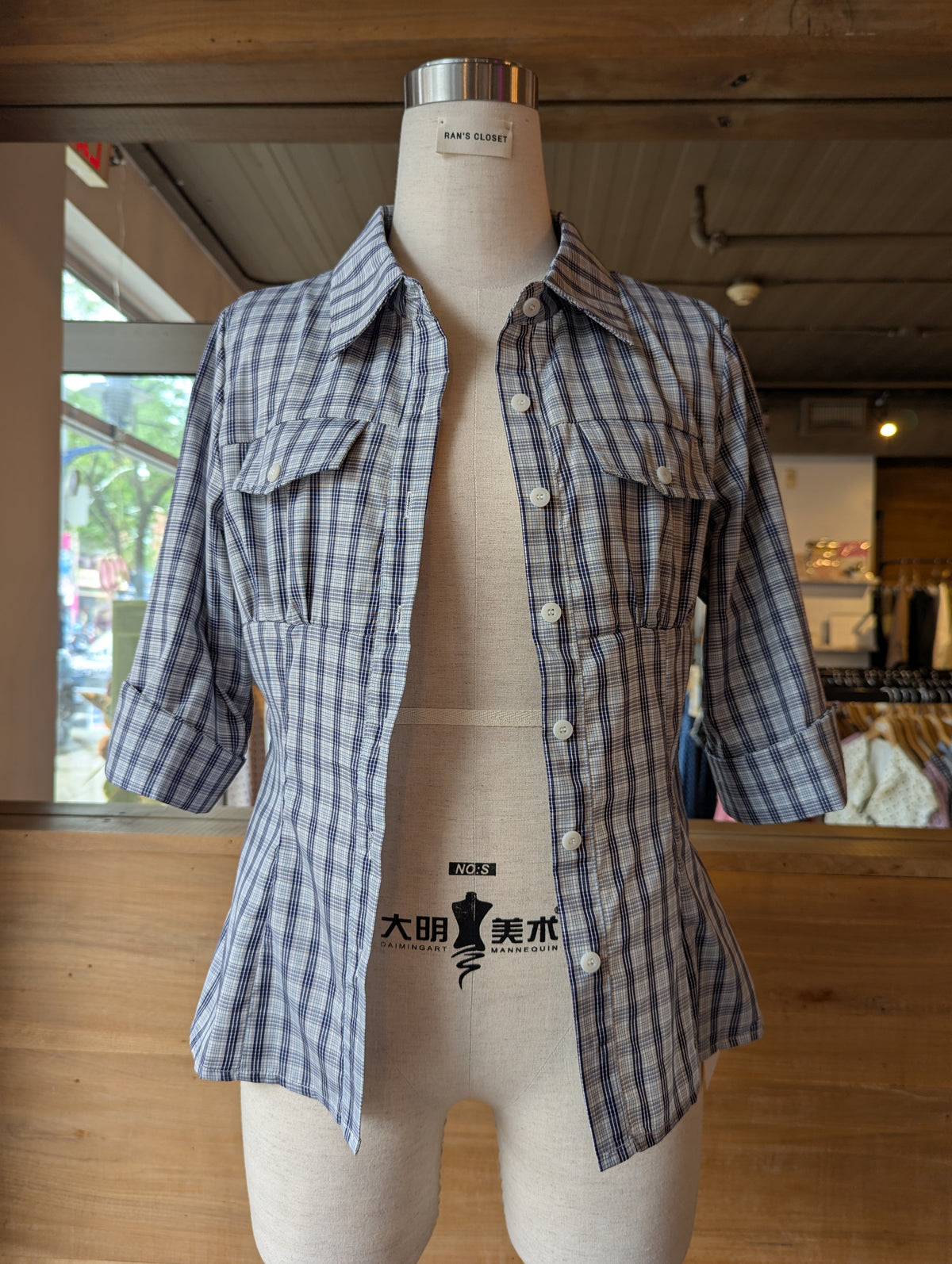 Bluebell Plaid Blouse 3/4 Length Sleeve Button-Down