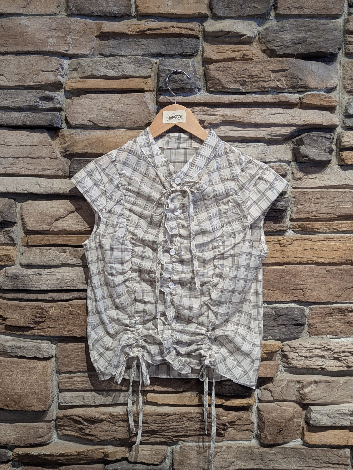Skyline Plaid Cinch Tie-Neck Button Down Top