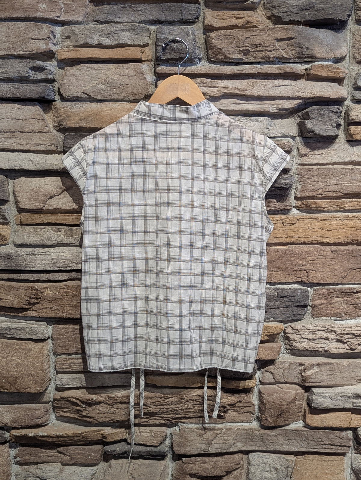 Skyline Plaid Cinch Tie-Neck Button Down Top