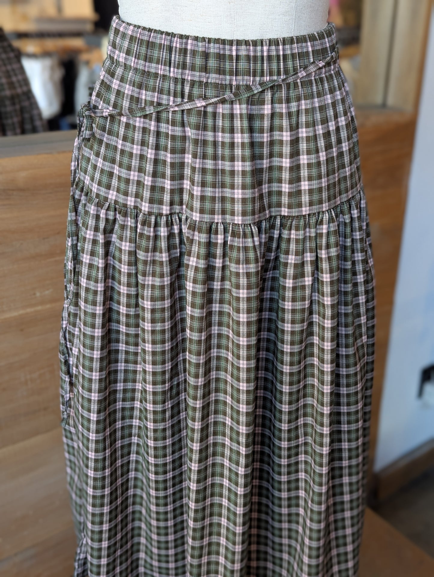 Drop Line Plaid Maxi Skirt