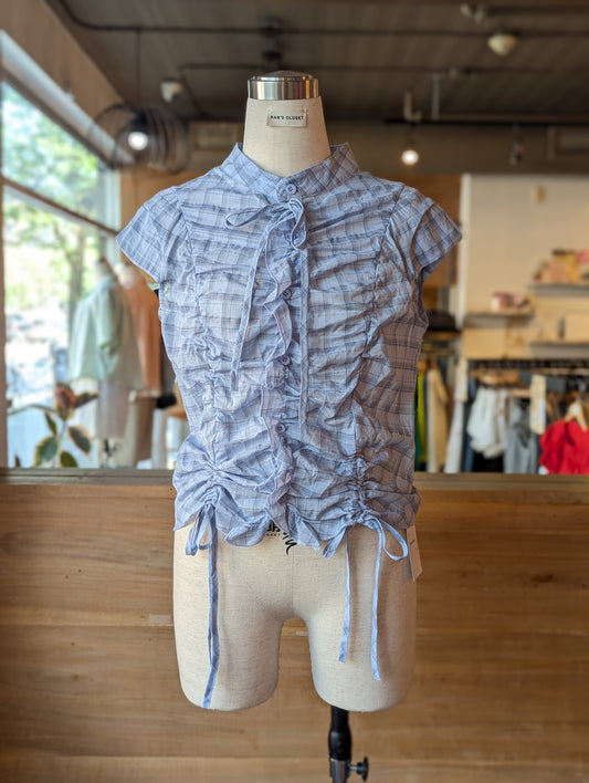 Skyline Plaid Cinch Tie-Neck Button Down Top